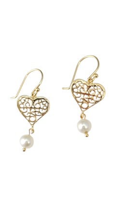 14K Yellow Gold Heart Pearl Dangle Earrings #21741