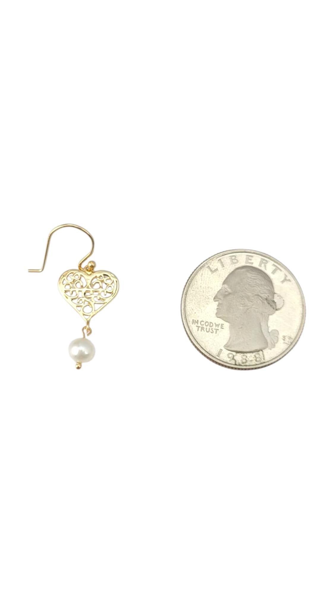 De las mujeres 14K Yellow Gold Heart Pearl Dangle Earrings #21741 en venta