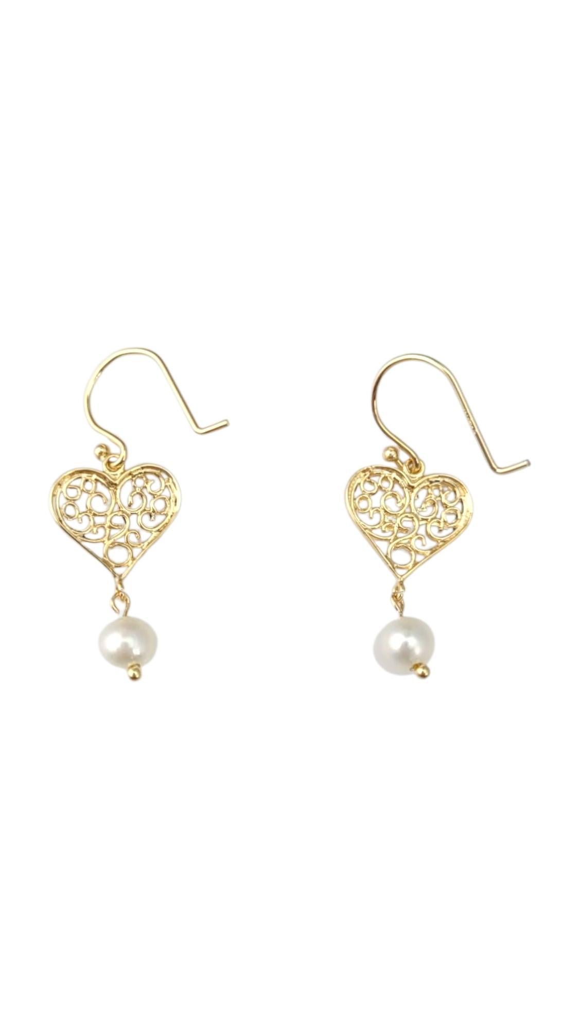 14K Yellow Gold Heart Pearl Dangle Earrings #21741 en venta