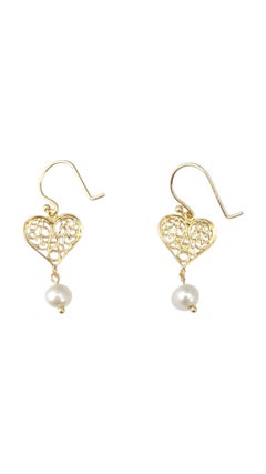 14K Yellow Gold Heart Pearl Dangle Earrings #21741