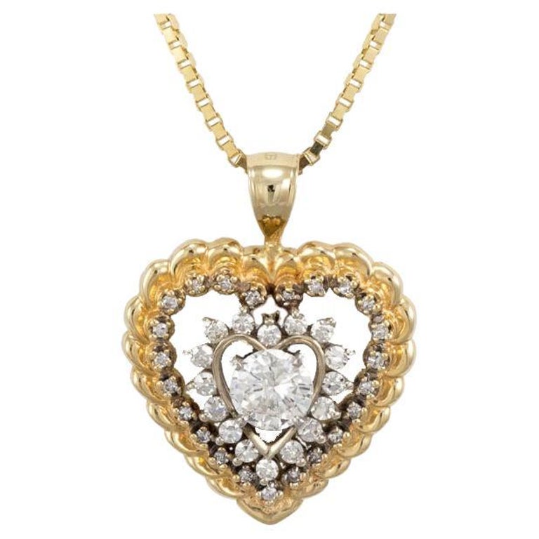 14K Yellow Gold Heart Pendant Necklace w Diamonds 1.00tcw-7.6gr For ...