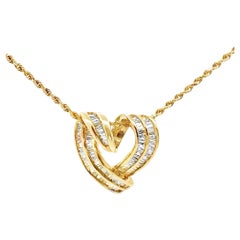 14K Yellow Gold Heart Pendant Necklace with Baguette Diamonds