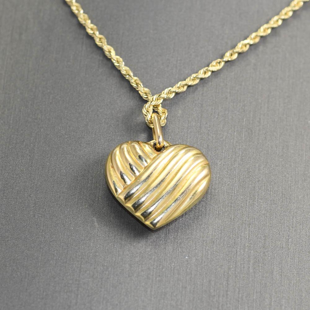 14k Yellow Gold Heart Pendant with Rope Chain  For Sale 2