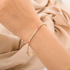 14k Yellow Gold Heart Pink Gemstone Diamond Chain Bracelet