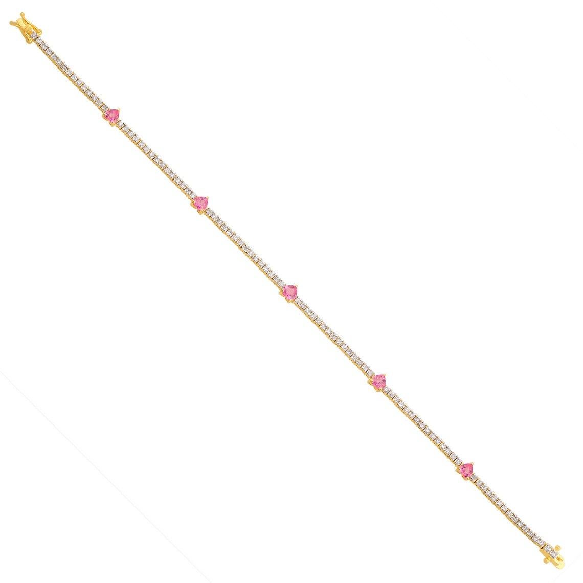 Taille ronde Bracelet en or jaune 14 carats avec diamants en forme de cœur et pierres précieuses roses traitées en vente