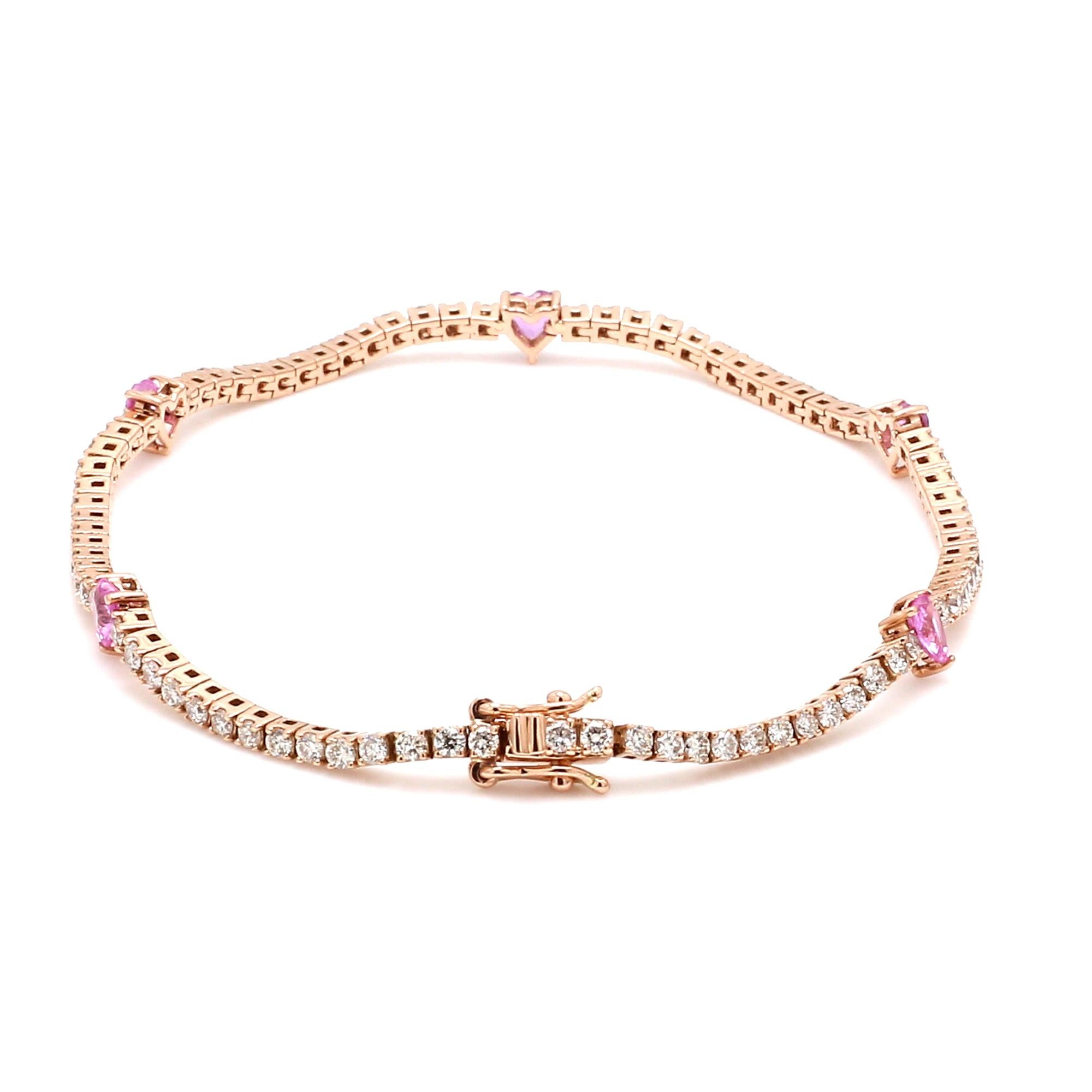 Bracelet en or jaune 14 carats avec diamants en forme de cœur et pierres précieuses roses traitées Pour femmes en vente