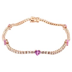 Bracelet en or jaune 14 carats avec diamants en forme de cœur et pierres précieuses roses traitées