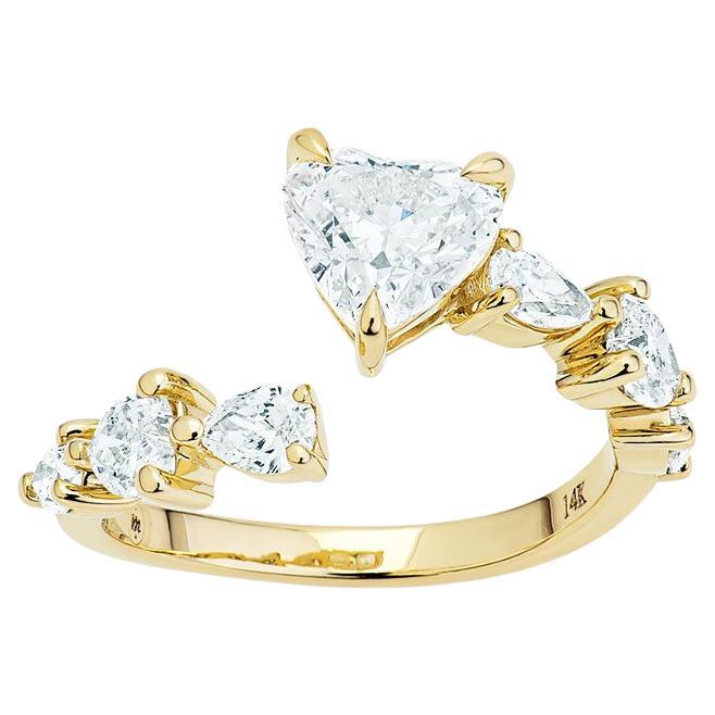 For Sale:  14k Yellow Gold, Heart Shape Center with Pear Small Heart Shape Diamond Ring