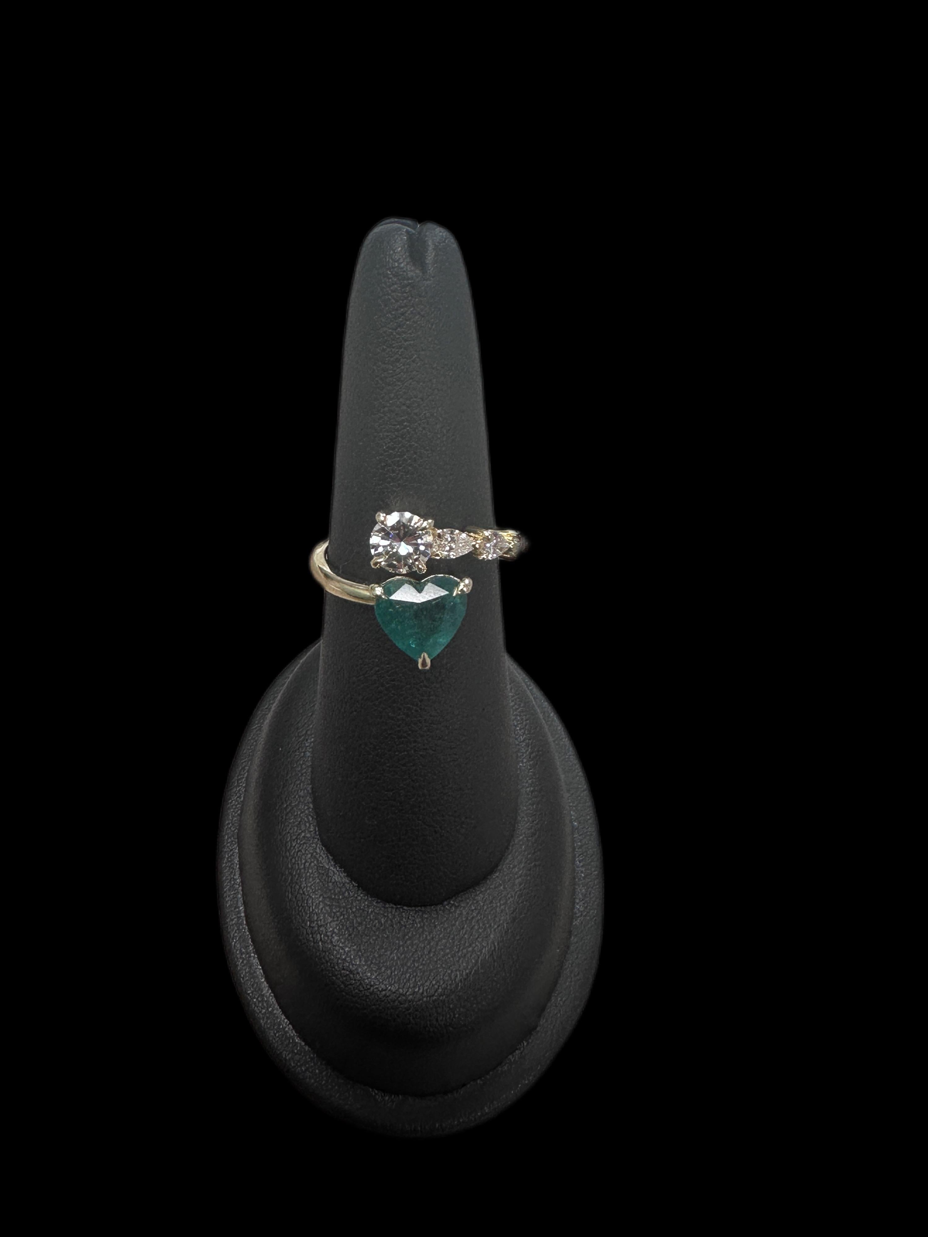For Sale:  14K Yellow Gold Heart Shape Emerald Center W/ Round and Pear Shape Diamond Ring 2