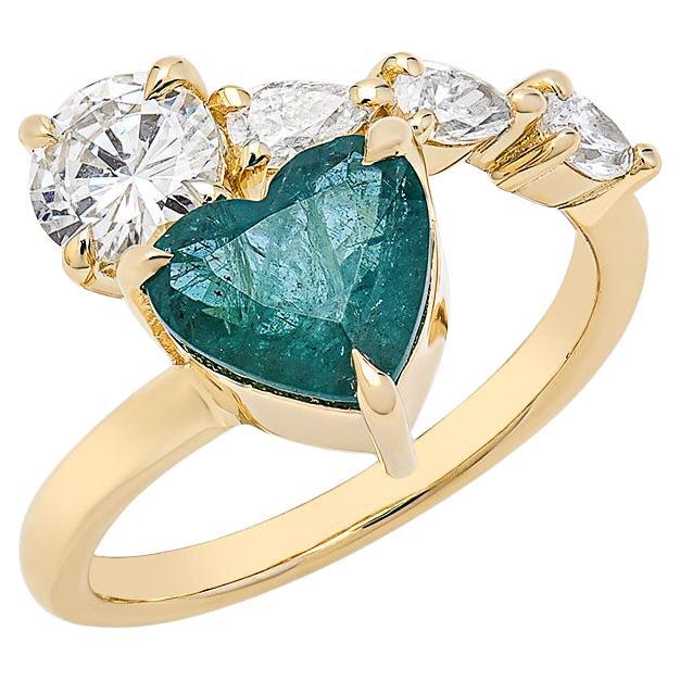 For Sale:  14K Yellow Gold Heart Shape Emerald Center W/ Round and Pear Shape Diamond Ring