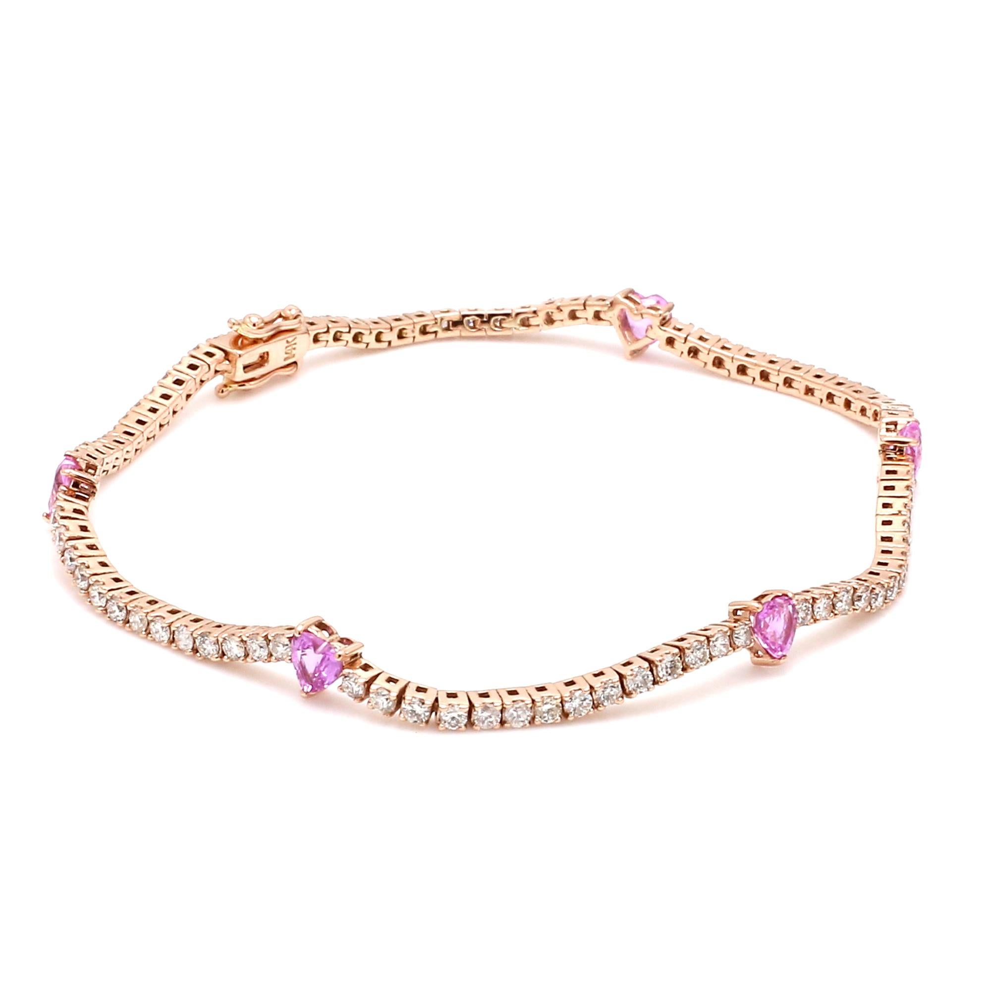 Modern 14k Yellow Gold Heart Shape Pink Processed Gemstone Bracelet Diamond Jewelry For Sale