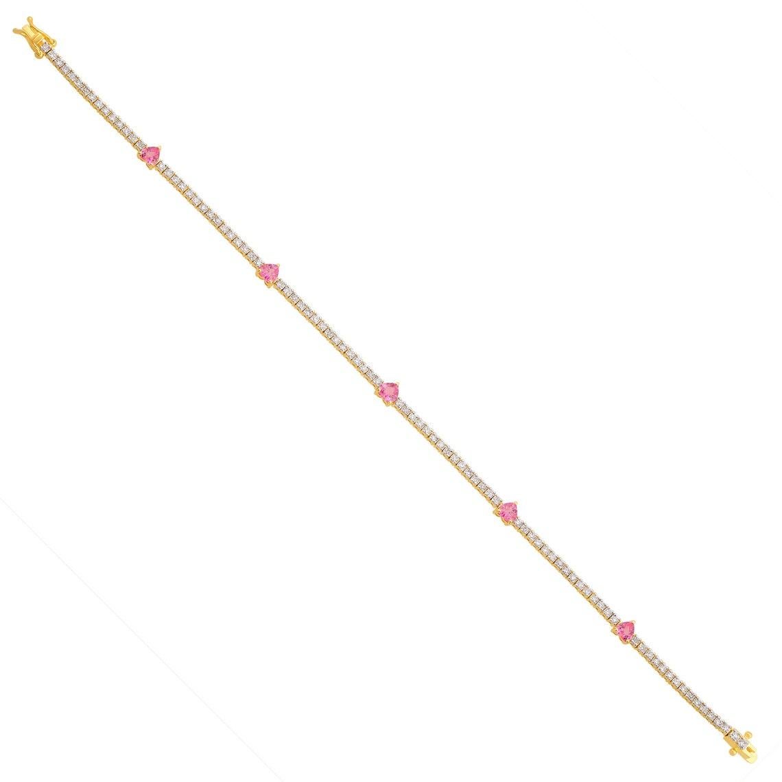 Round Cut 14k Yellow Gold Heart Shape Pink Processed Gemstone Bracelet Diamond Jewelry For Sale