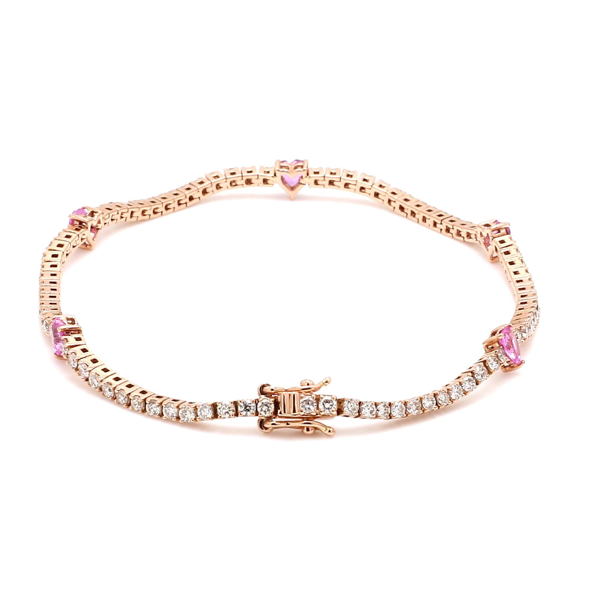14k Yellow Gold Heart Shape Pink Processed Gemstone Bracelet Diamond Jewelry In New Condition For Sale In Diera, Dubai