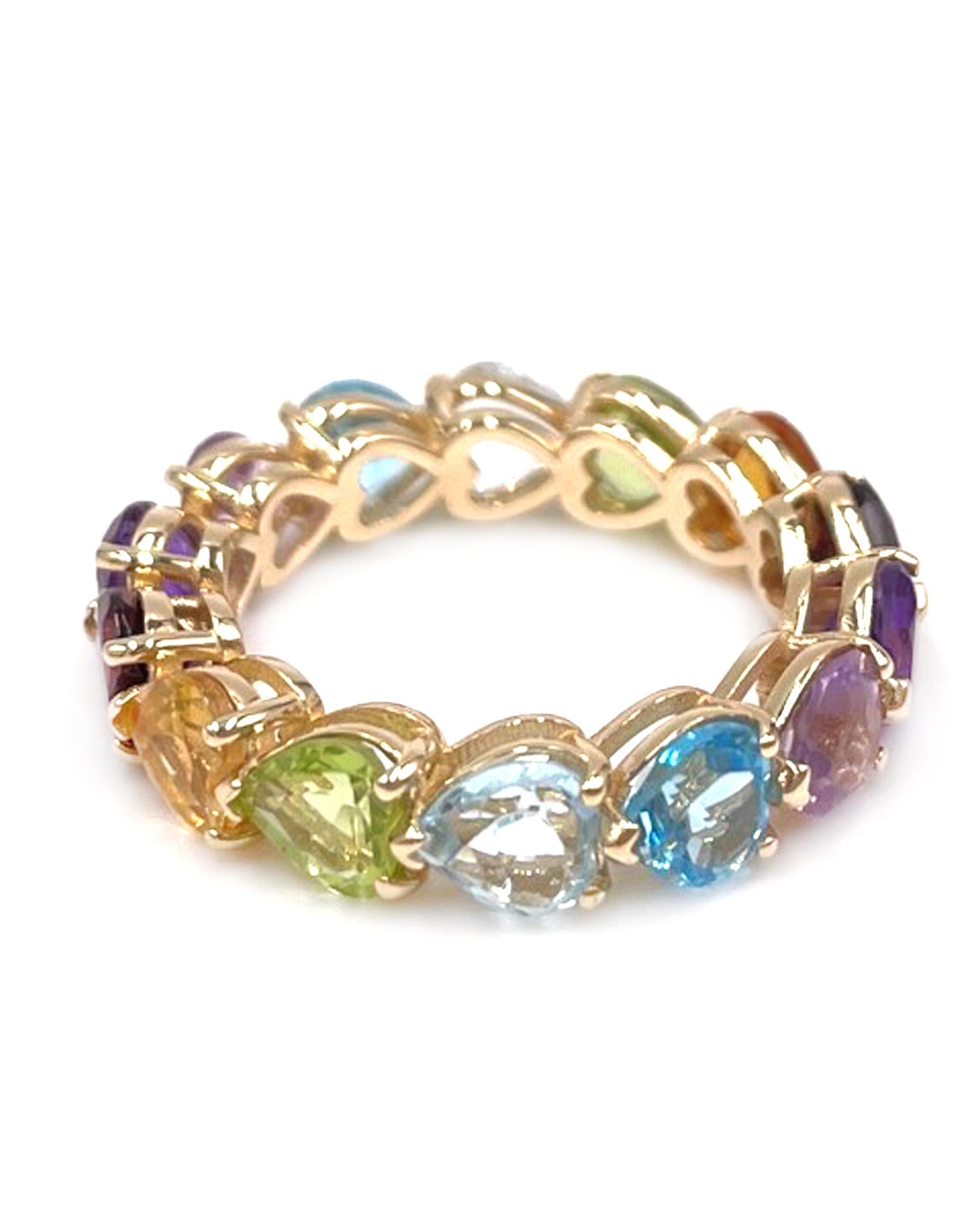 14K yellow gold rainbow eternity ring. The ring is furnished with 14 heart shaped color stones. The stones are 5x5mm each and consist of genuine garnet, amethyst, blue topaz, peridot and citrine.

* Finger size 7
* 5mm wide