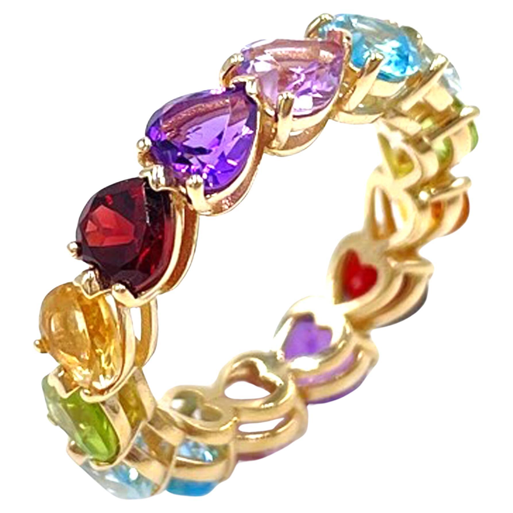 14K Yellow Gold Heart Shape Rainbow Eternity Ring For Sale