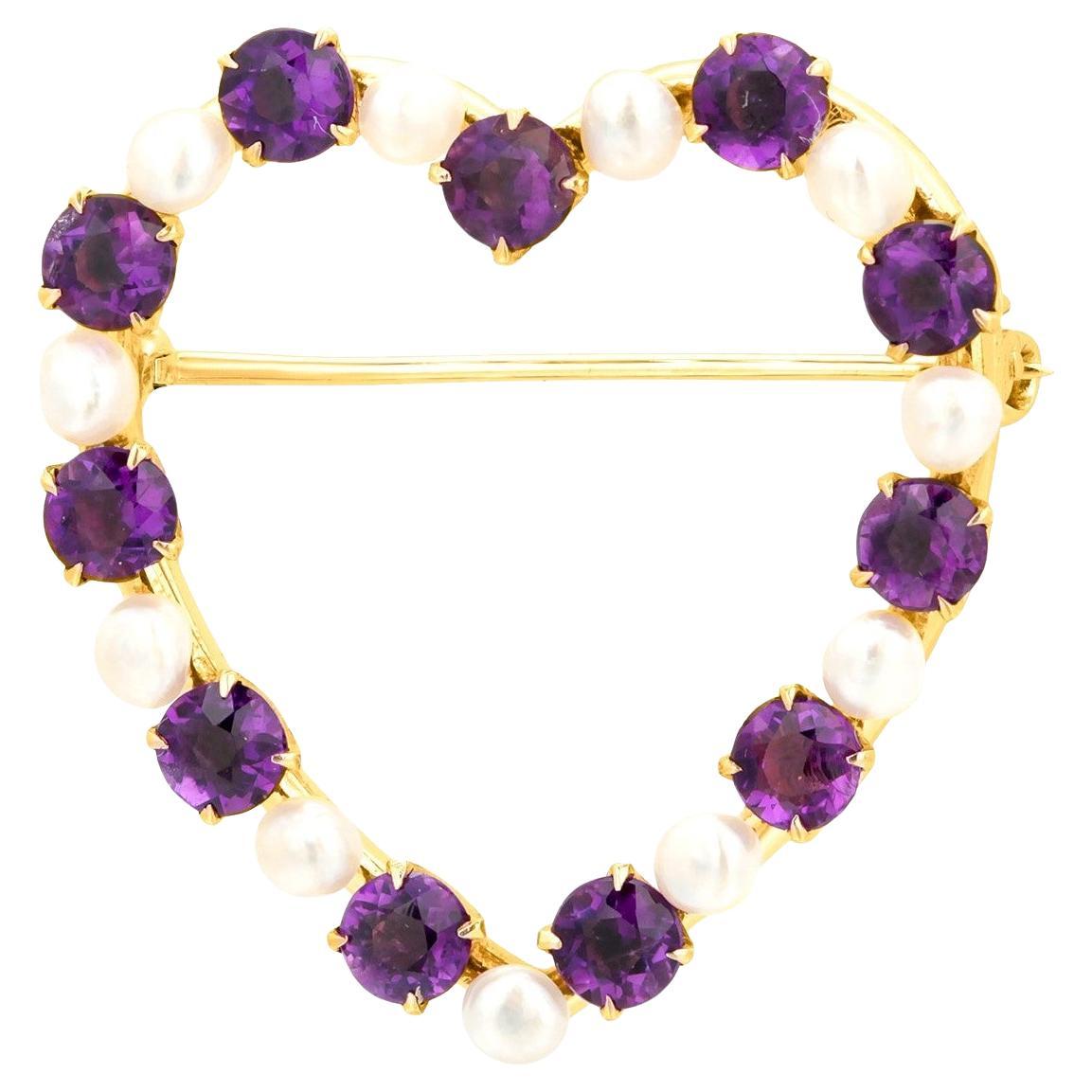 14K Yellow Gold Heart Shaped Pin with Semi Baroque Pearls and Amethysts