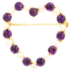 14K Yellow Gold Heart Shaped Pin with Semi Baroque Pearls and Amethysts