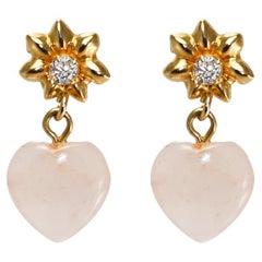 14K Yellow Gold Heart Shaped Rose Quartz with Cubic Zirconia Earrings