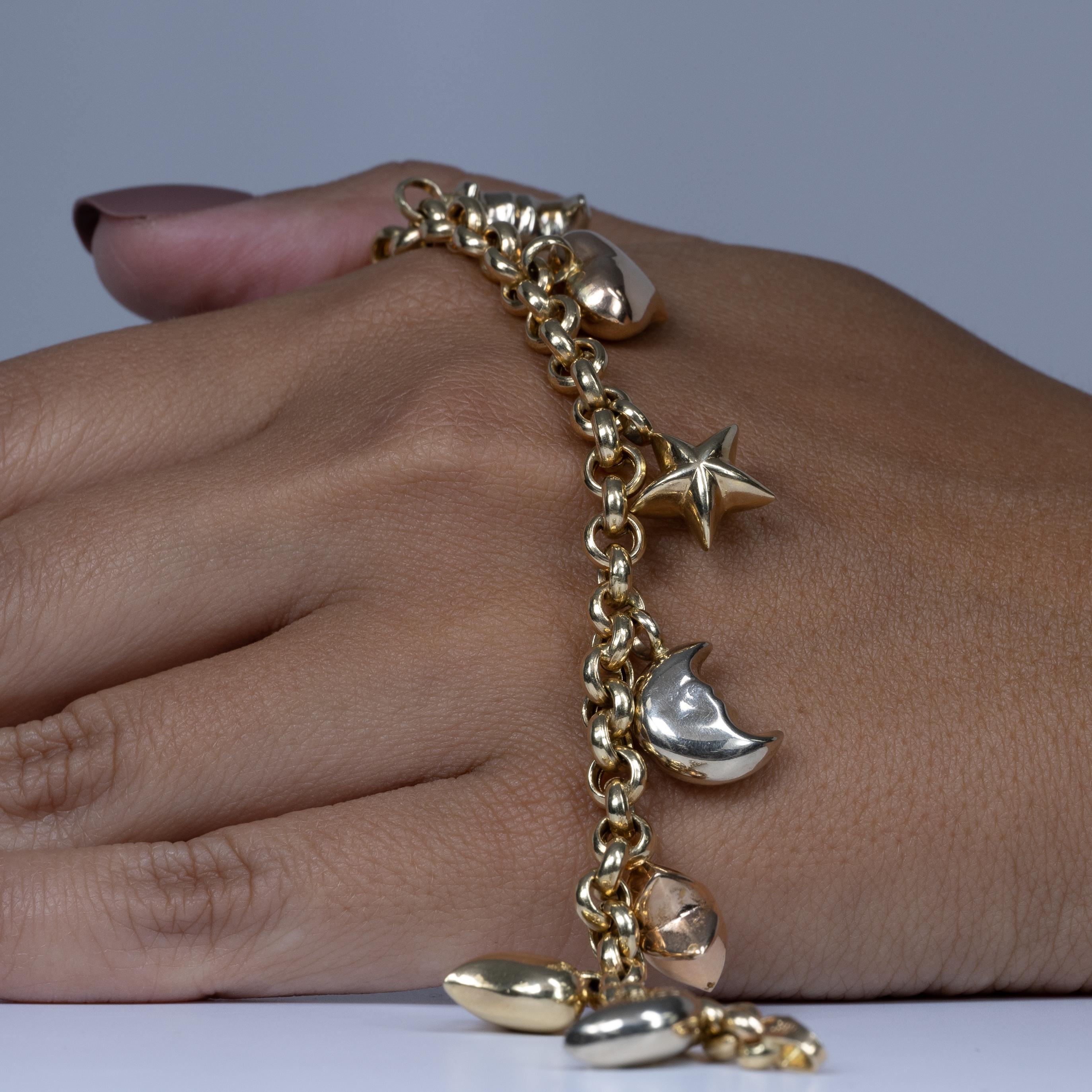 14K Gelbgold Herz-, Stern- und Mond-Puff-Charm-Armband 1