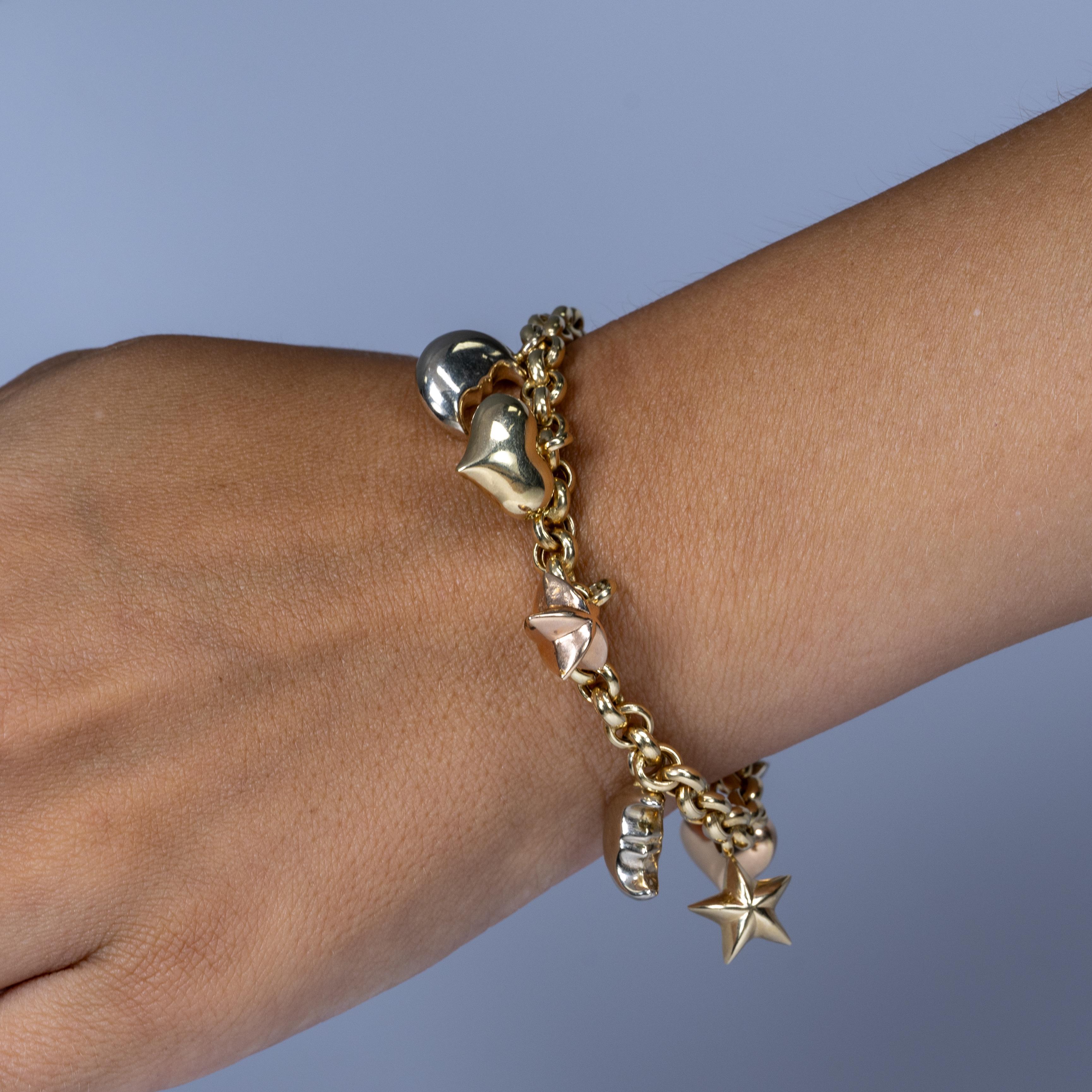 14K Gelbgold Herz-, Stern- und Mond-Puff-Charm-Armband 2
