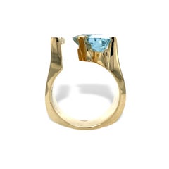 14K Yellow Gold Heavy Modern Aquamarine and Diamond Ring