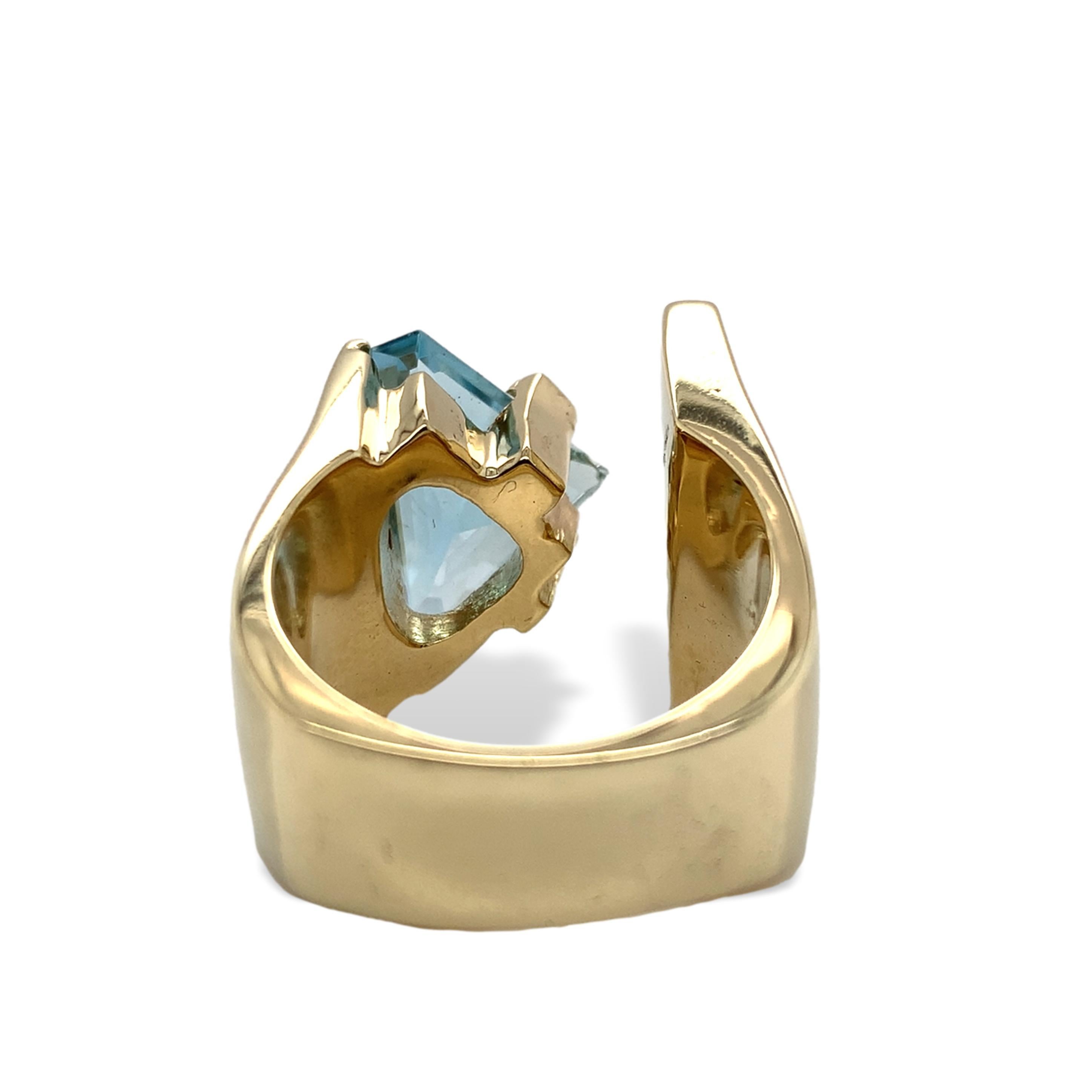 Anello moderno pesante in oro giallo 14K con acquamarina e diamante in vendita 3