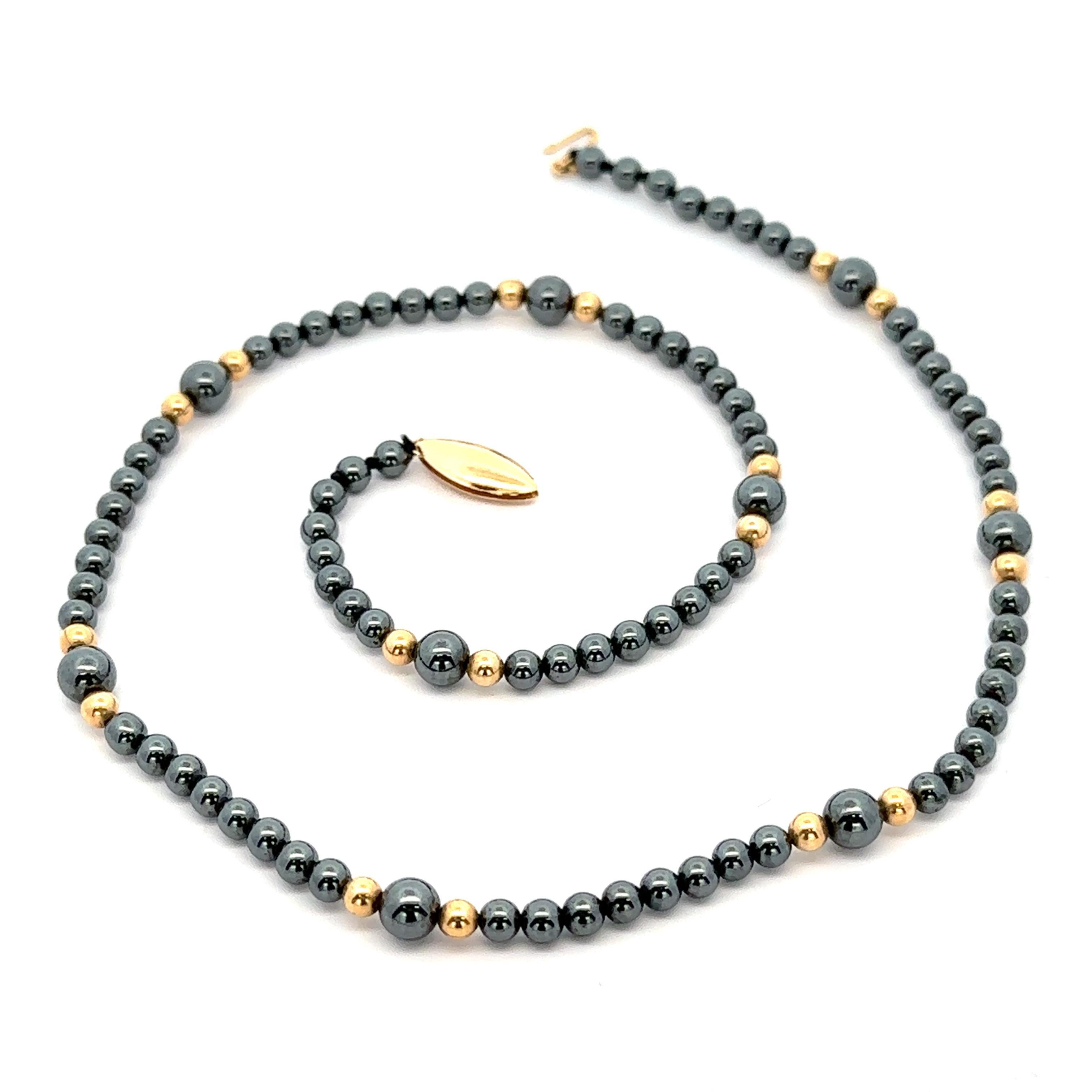 Women's 14k Yellow Gold & Hematite Bead Ball Necklace w/ Hook Push Clasp For Sale