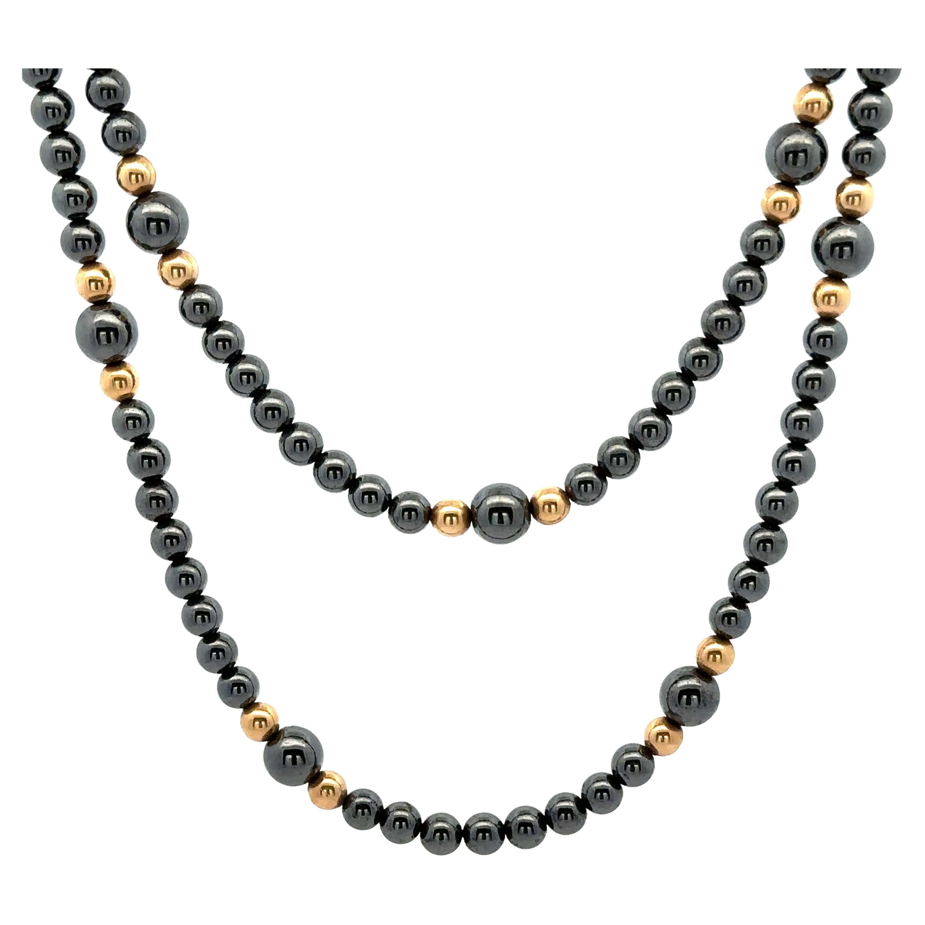 14k Yellow Gold
Hematite Bead Ball Necklace w/ Hook Push Clasp