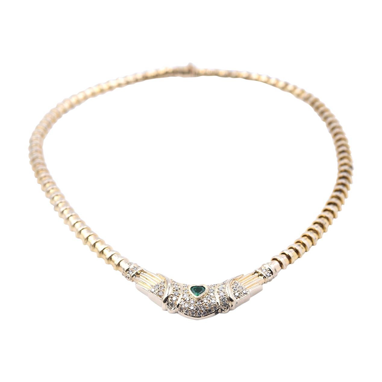 14 Karat Yellow Gold Herringbone Heart Emerald and Diamond Necklace