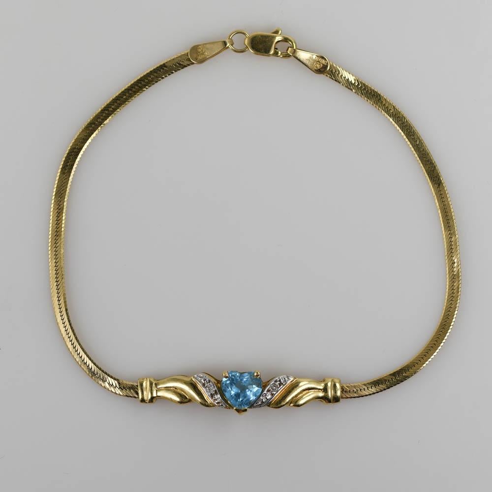 14K Yellow Gold Herringbone Style Topaz Bracelet 3.8g In Excellent Condition In Laguna Beach, CA