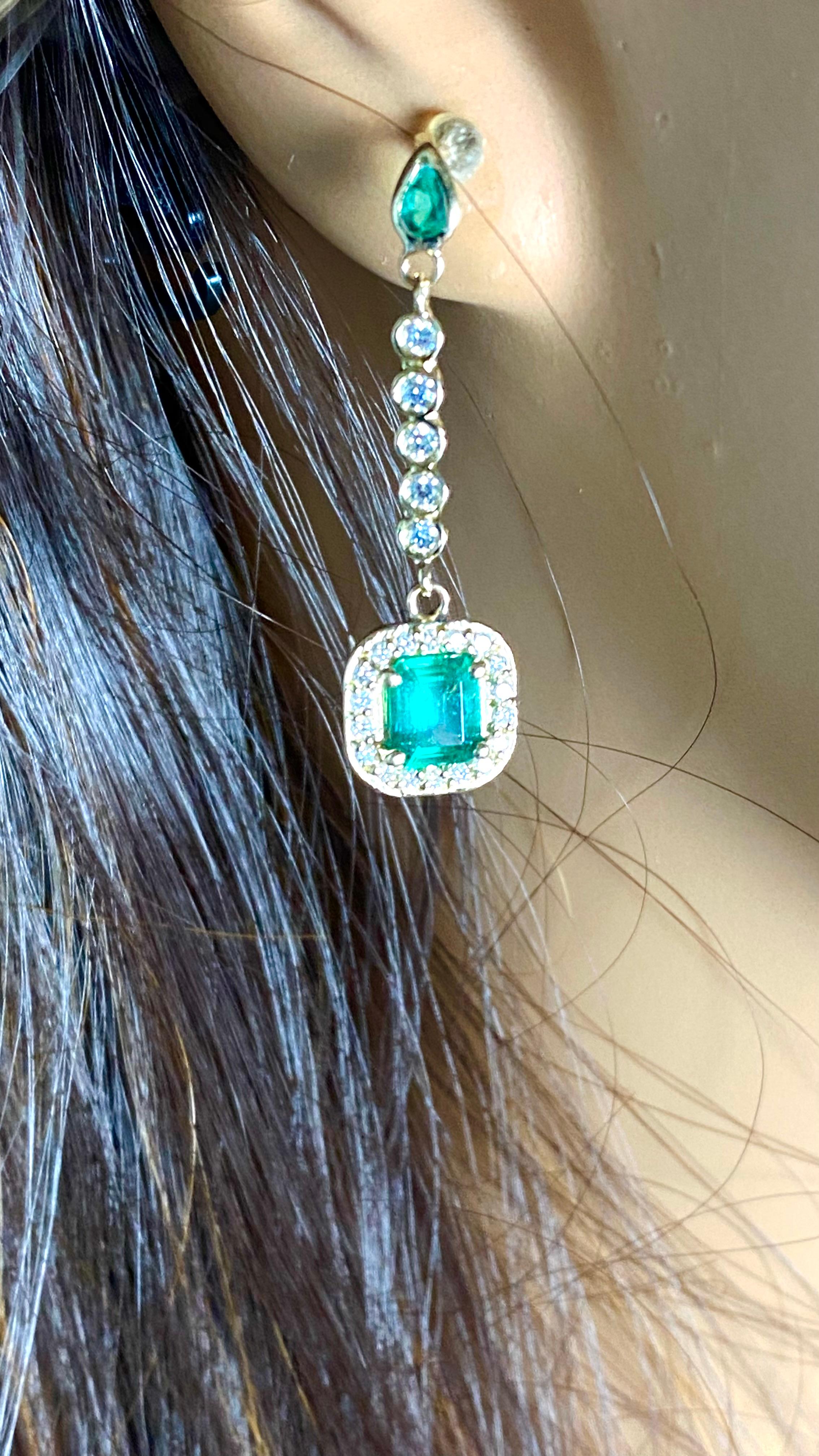 Women's 14K Yellow Gold High Jeweled Earrings 1.35 Inch Long Emerald and Diamond Accents For Sale