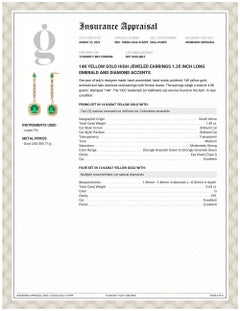 Pendientes de Alta Joyería de Oro Amarillo de 14K de 1,35 Pulgadas de Largo Acentos de Esmeraldas y Diamantes