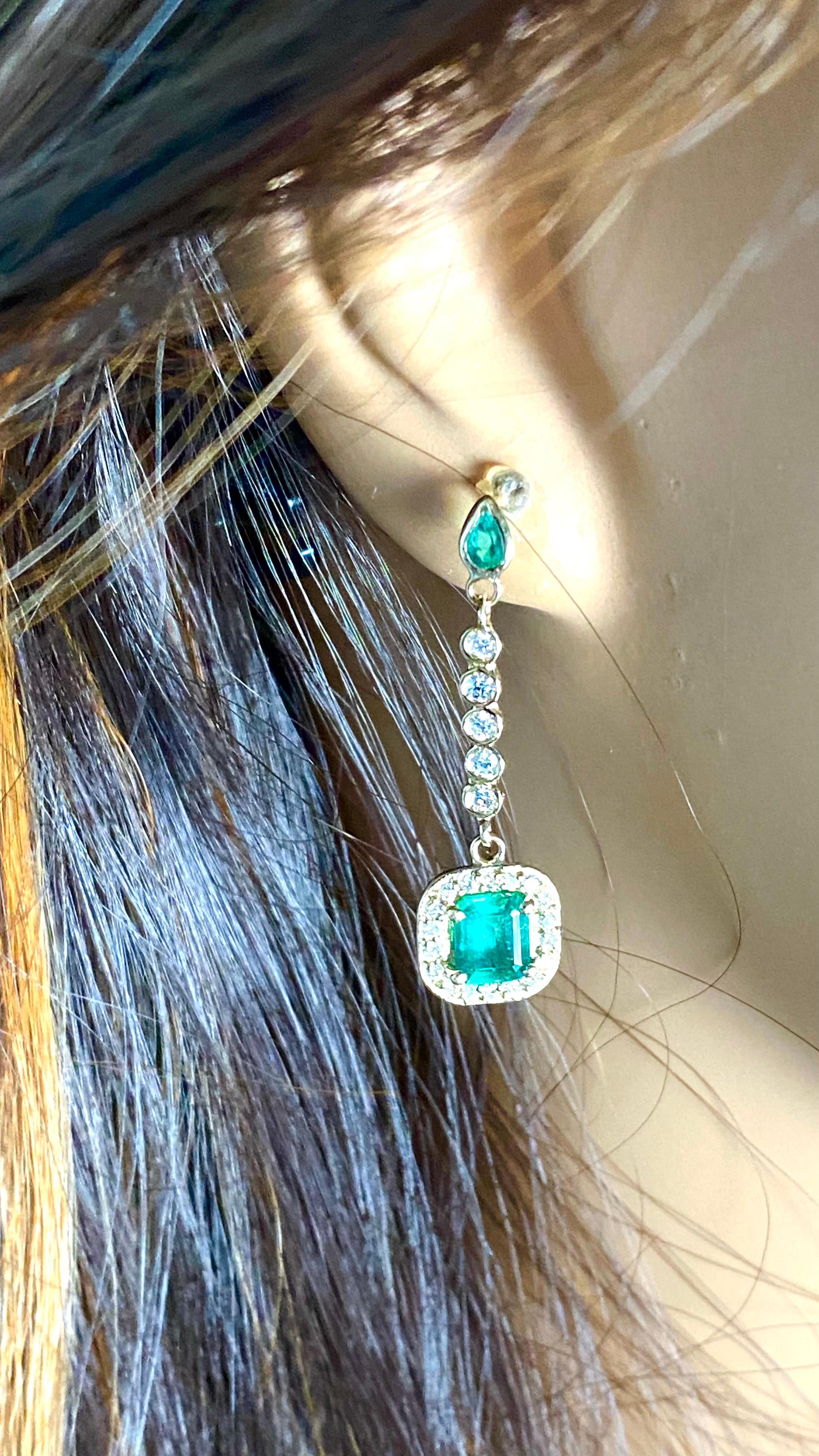 14K Yellow Gold High Jeweled Earrings 1.35 Inch Long Emerald and Diamond Accents For Sale 1