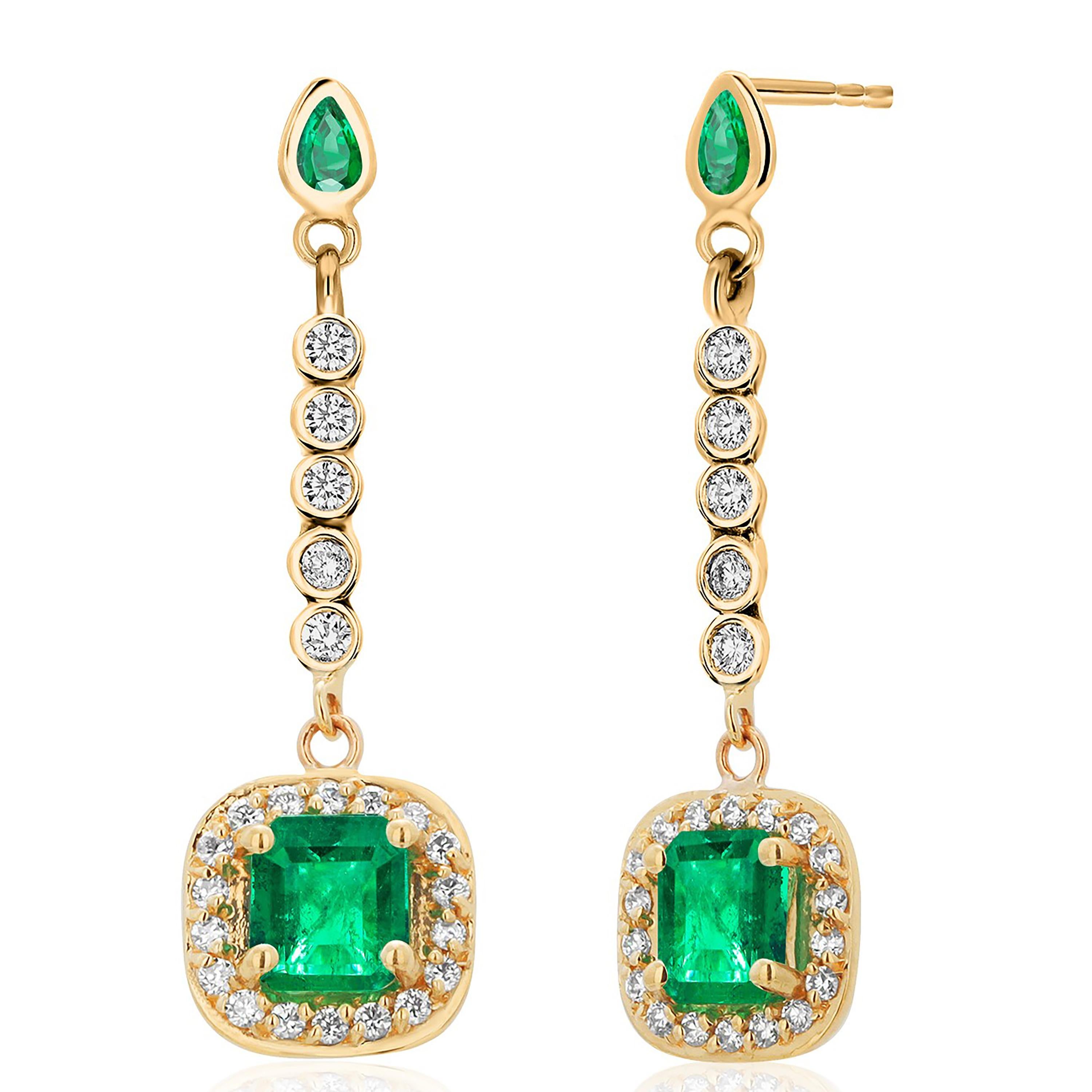 14K Yellow Gold High Jeweled Earrings 1.35 Inch Long Emerald and Diamond Accents For Sale 2