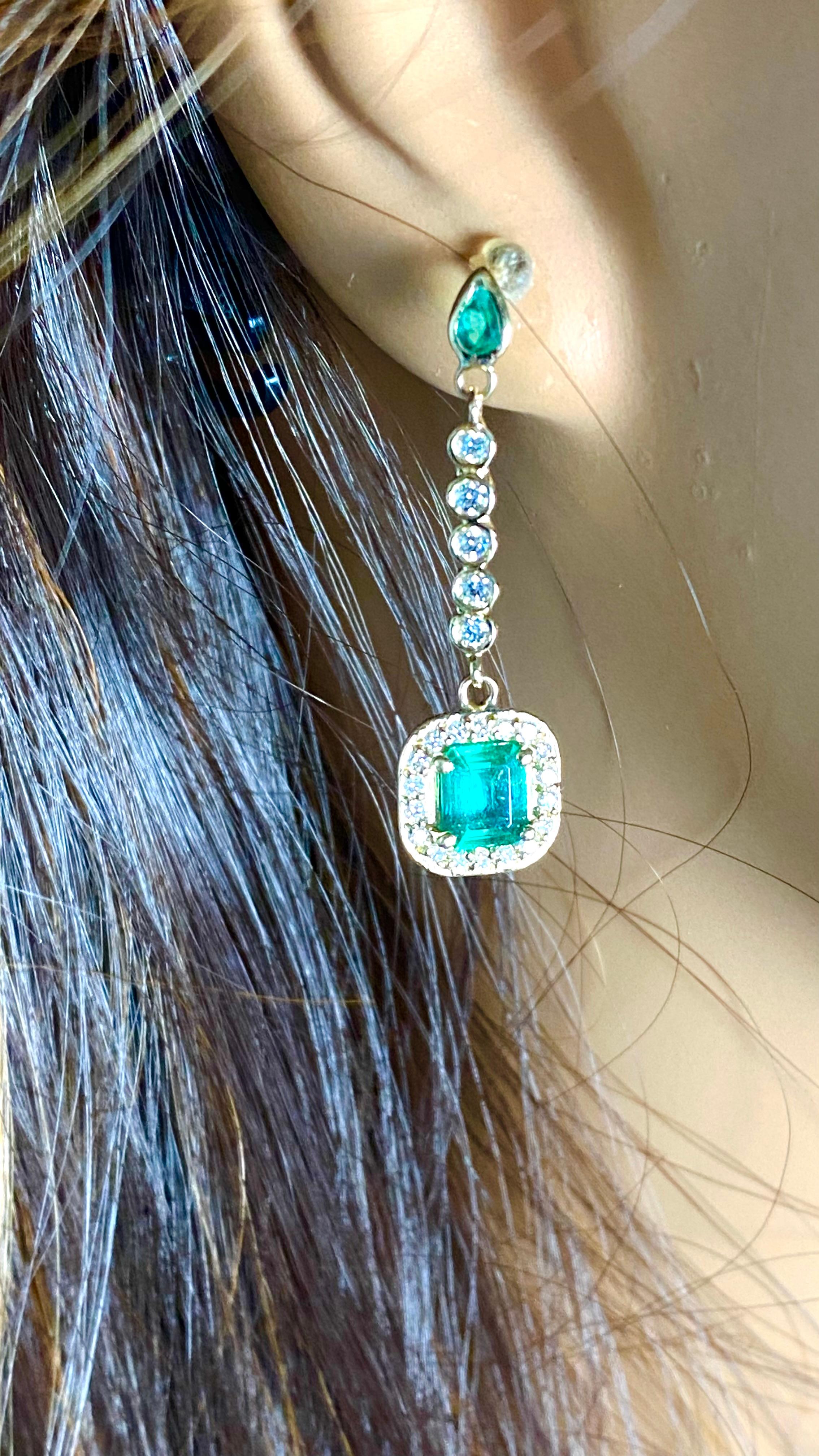 14K Yellow Gold High Jeweled Earrings 1.35 Inch Long Emerald and Diamond Accents For Sale 3