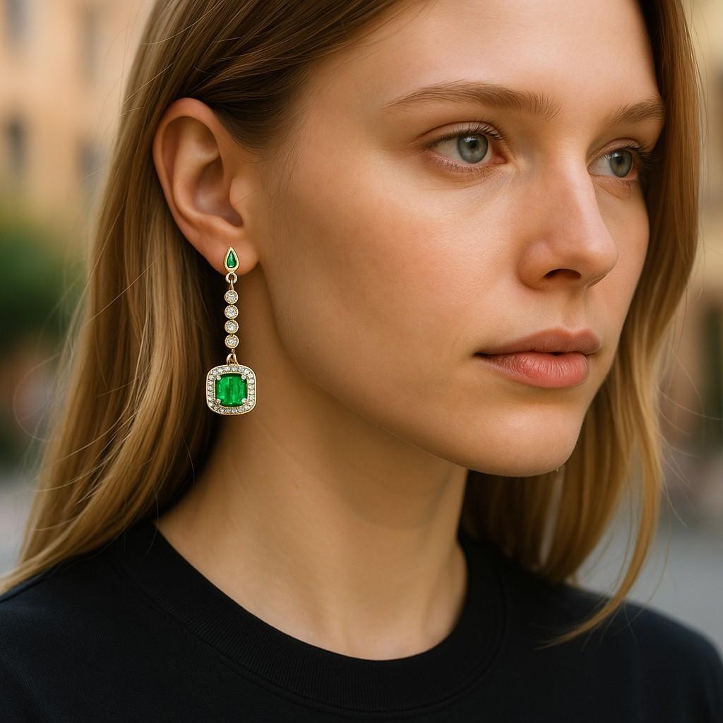 14K Yellow Gold High Jeweled Earrings 1.35 Inch Long Emerald and Diamond Accents In New Condition For Sale In New York, NY