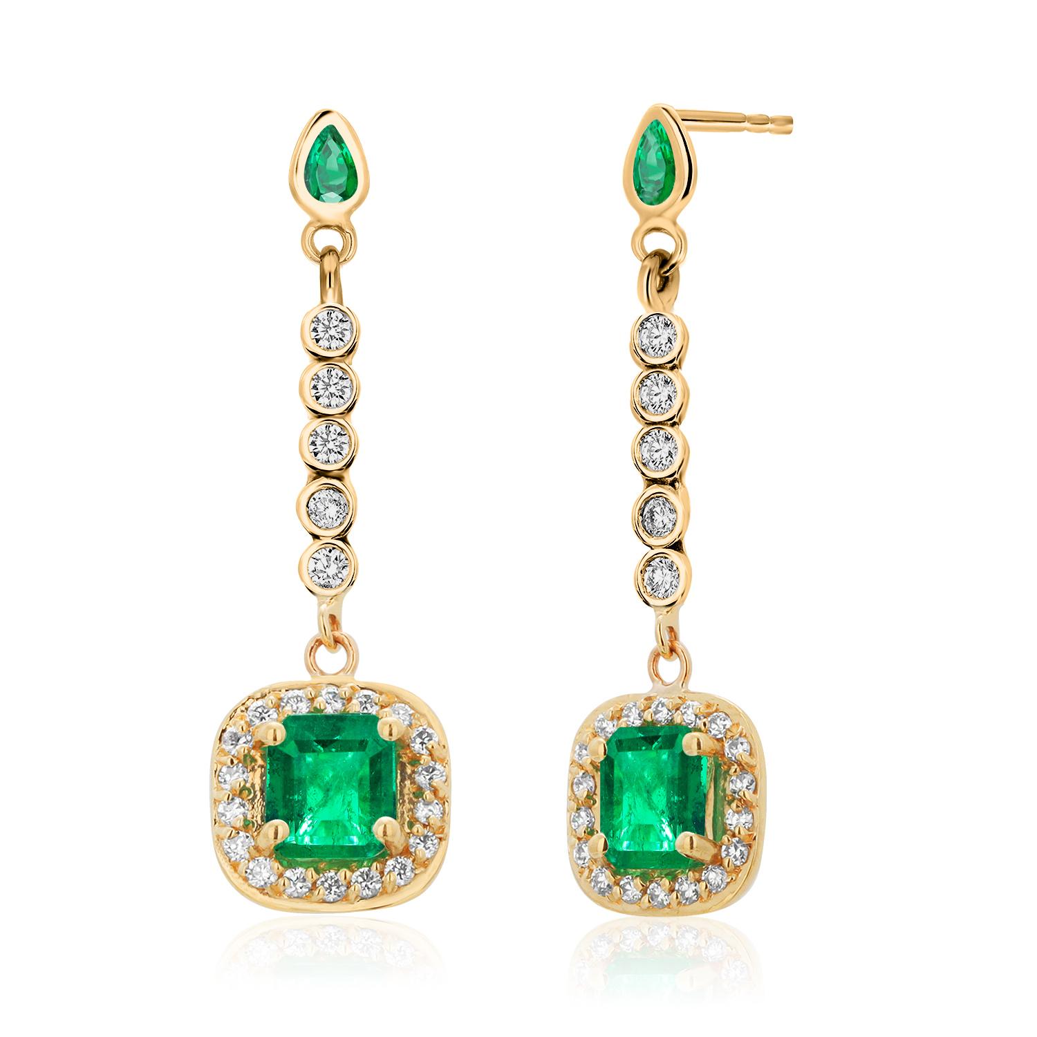 14K Yellow Gold High Jeweled Earrings 1.35 Inch Long Emerald and Diamond Accents For Sale 5