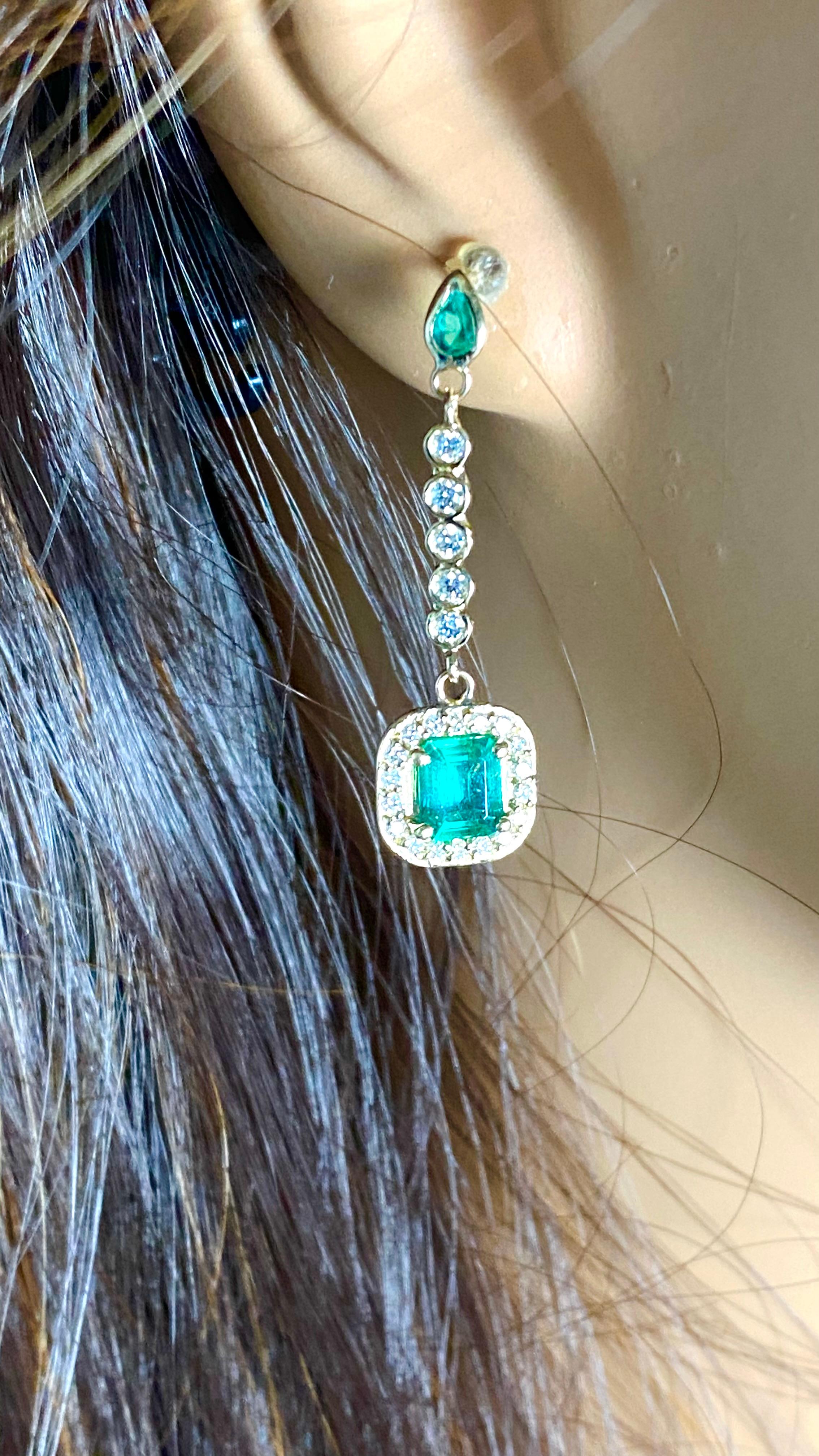 14K Yellow Gold High Jeweled Earrings 1.35 Inch Long Emerald and Diamond Accents For Sale 6