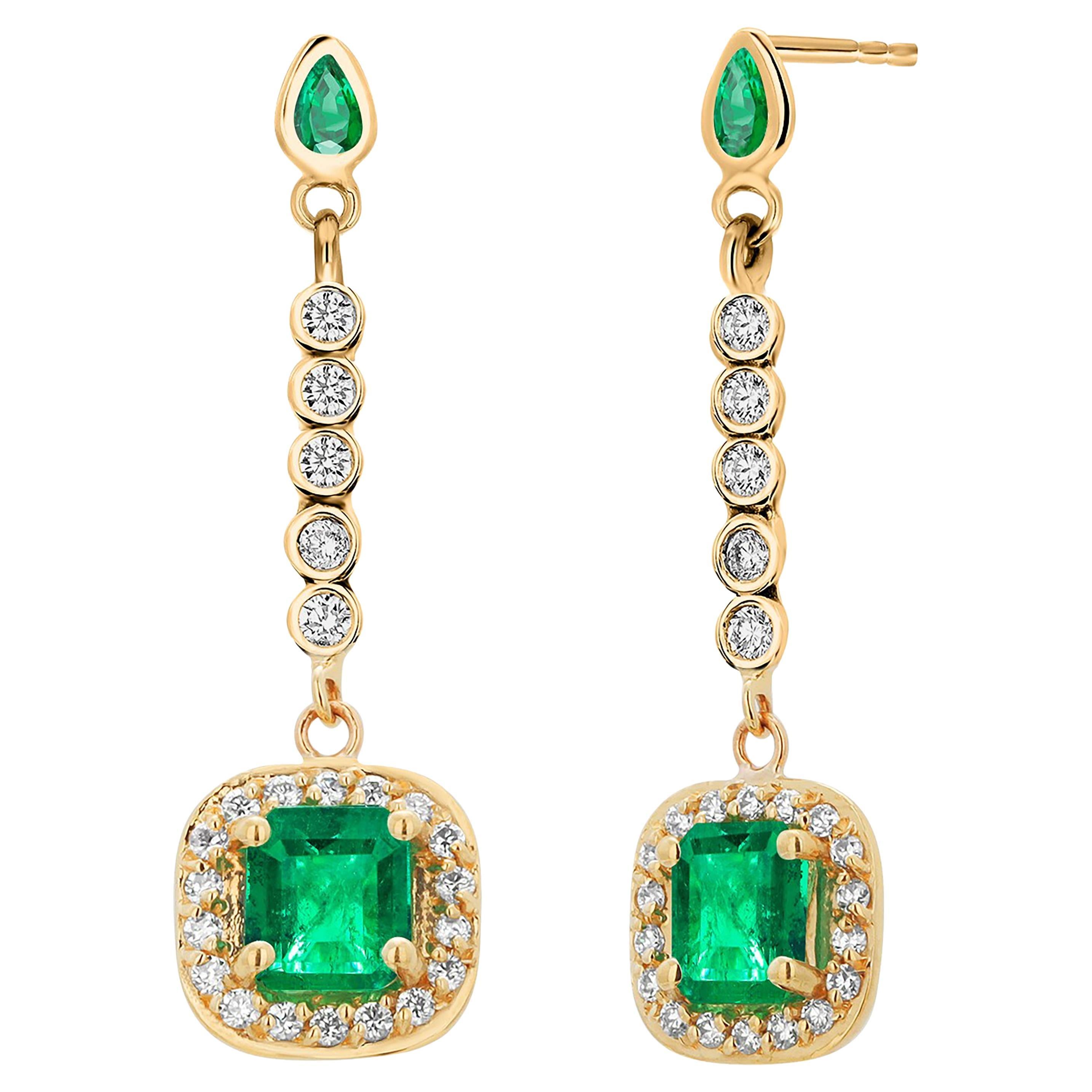 14K Yellow Gold High Jeweled Earrings 1.35 Inch Long Emerald and Diamond Accents For Sale