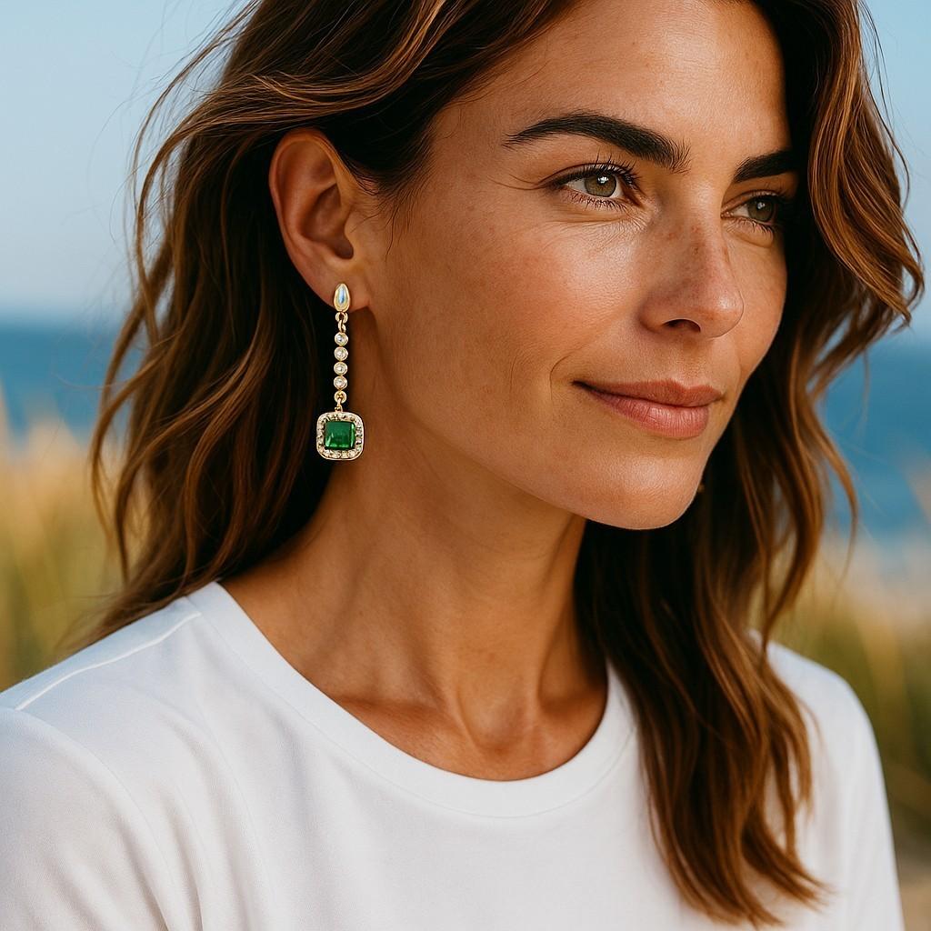 Contemporain Boucles d'oreilles hautes en or jaune 14 carats avec émeraudes et diamants 2,32 carats en vente