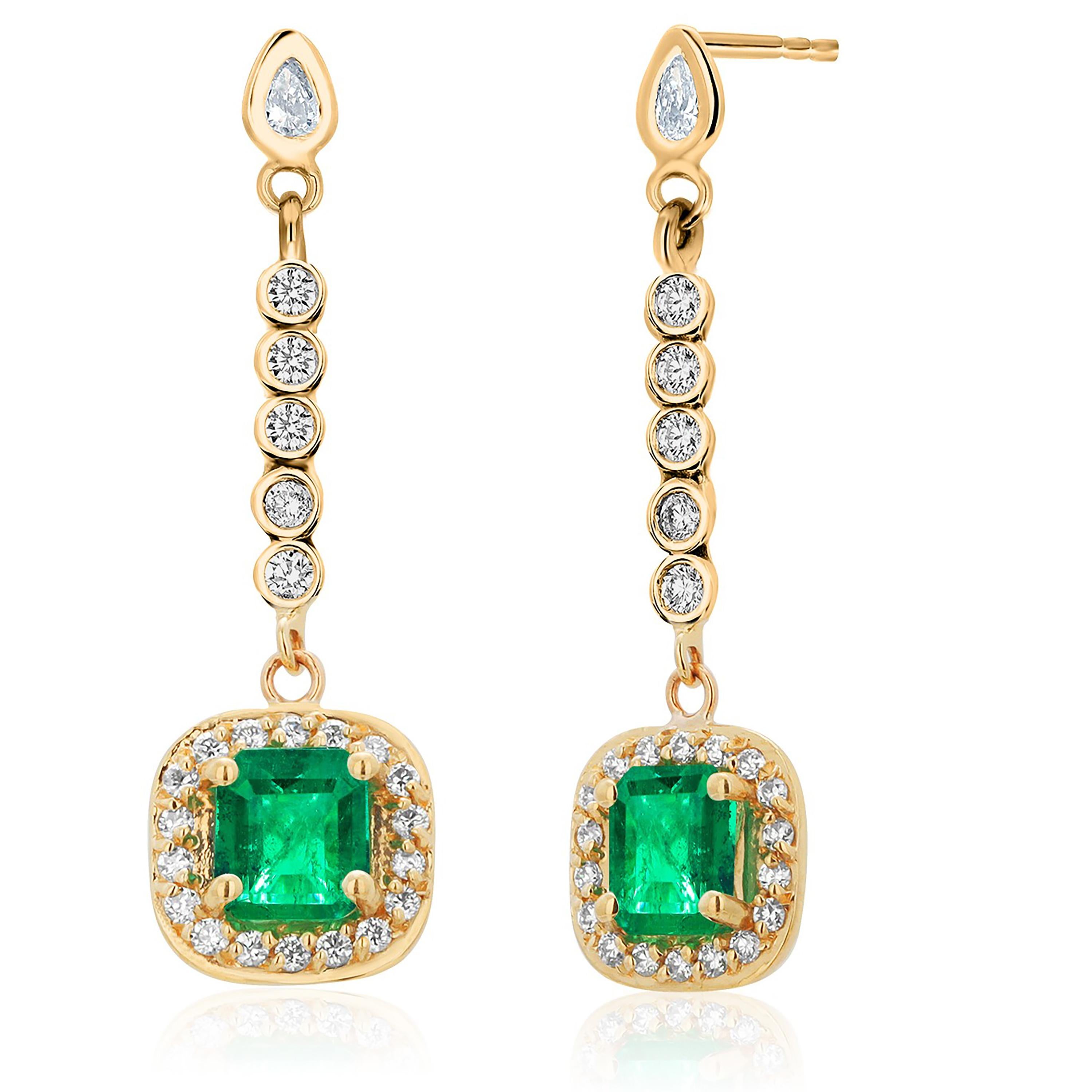 Boucles d'oreilles hautes en or jaune 14 carats avec émeraudes et diamants 2,32 carats Pour femmes en vente