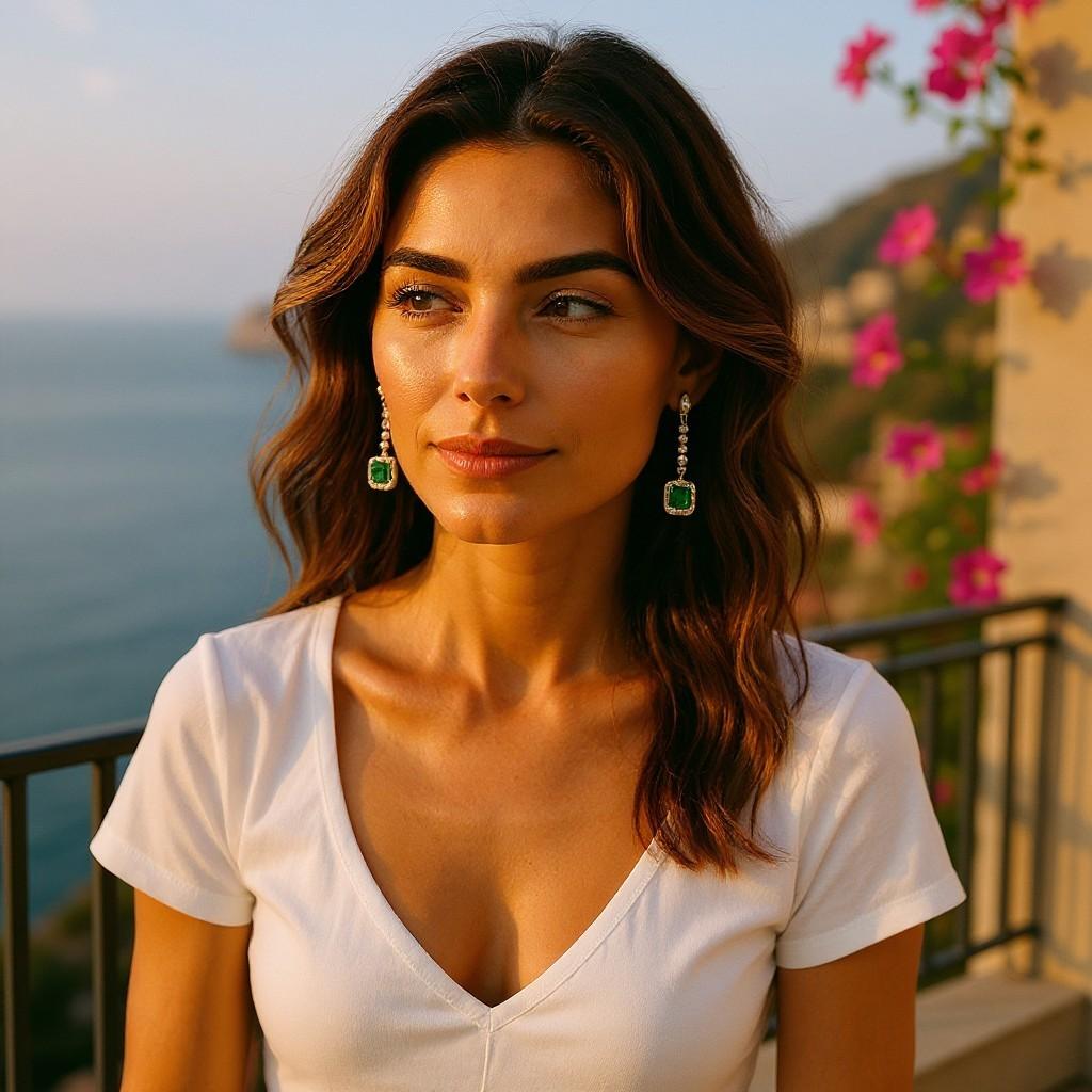 Boucles d'oreilles hautes en or jaune 14 carats avec émeraudes et diamants 2,32 carats en vente 1