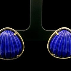 14k Yellow Gold High Quality Lapis Lazuli Shell Shaped Omega Back Earring