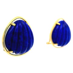 14k Yellow Gold High Quality Lapis Lazuli Shell Shaped Omega Back Earring