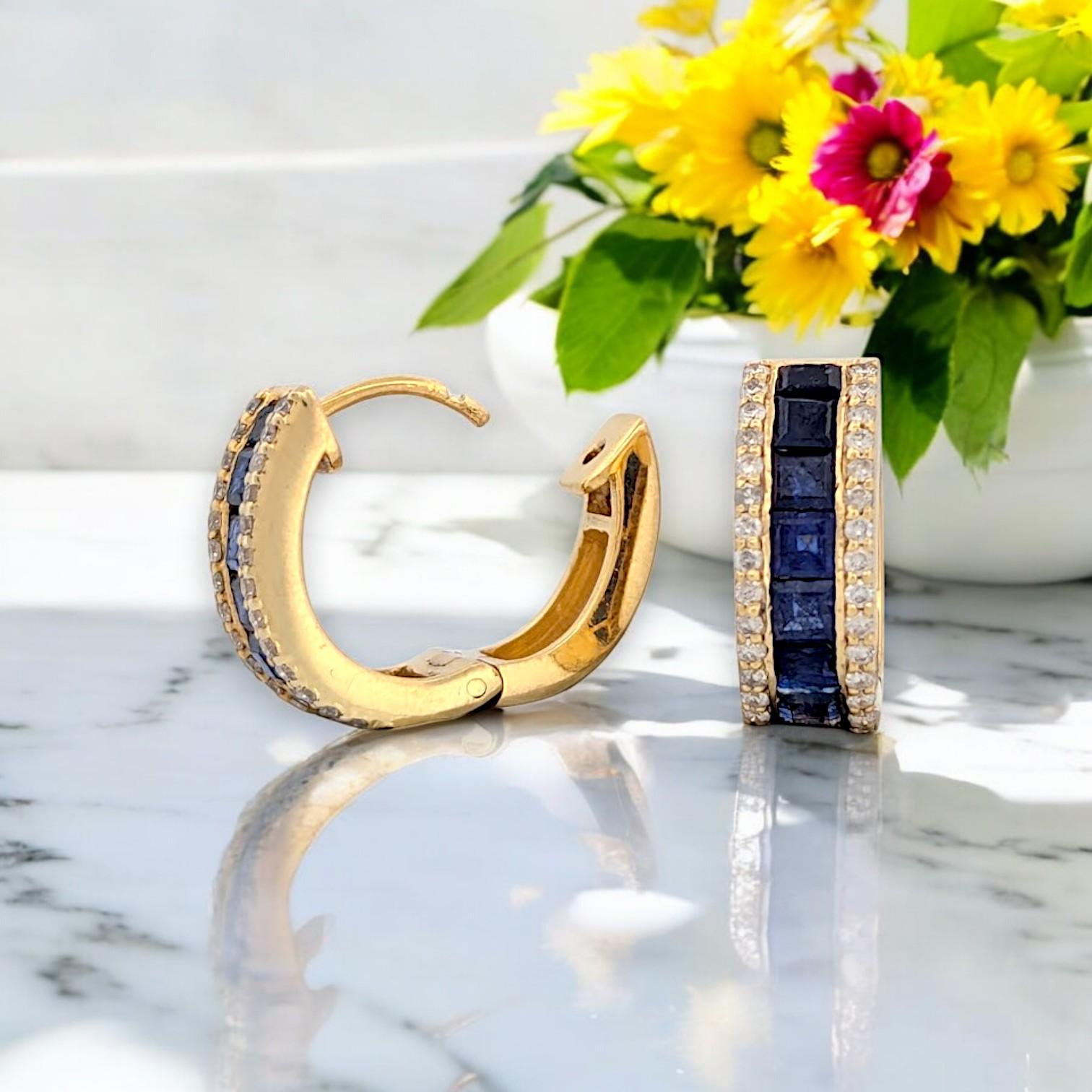 Baguette Cut Blair  14K Yellow Gold Hinge Hoop Earrings Natural Round Diamonds For Sale