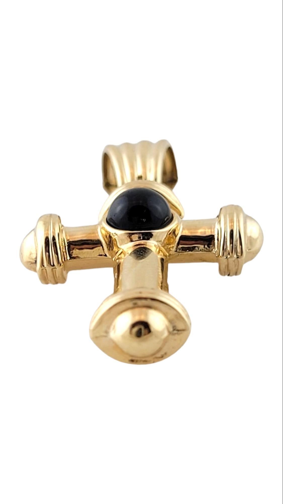 Round Cut 14K Yellow Gold Hollow Cross Pendant with Black Cabachon Onyx #15149 For Sale