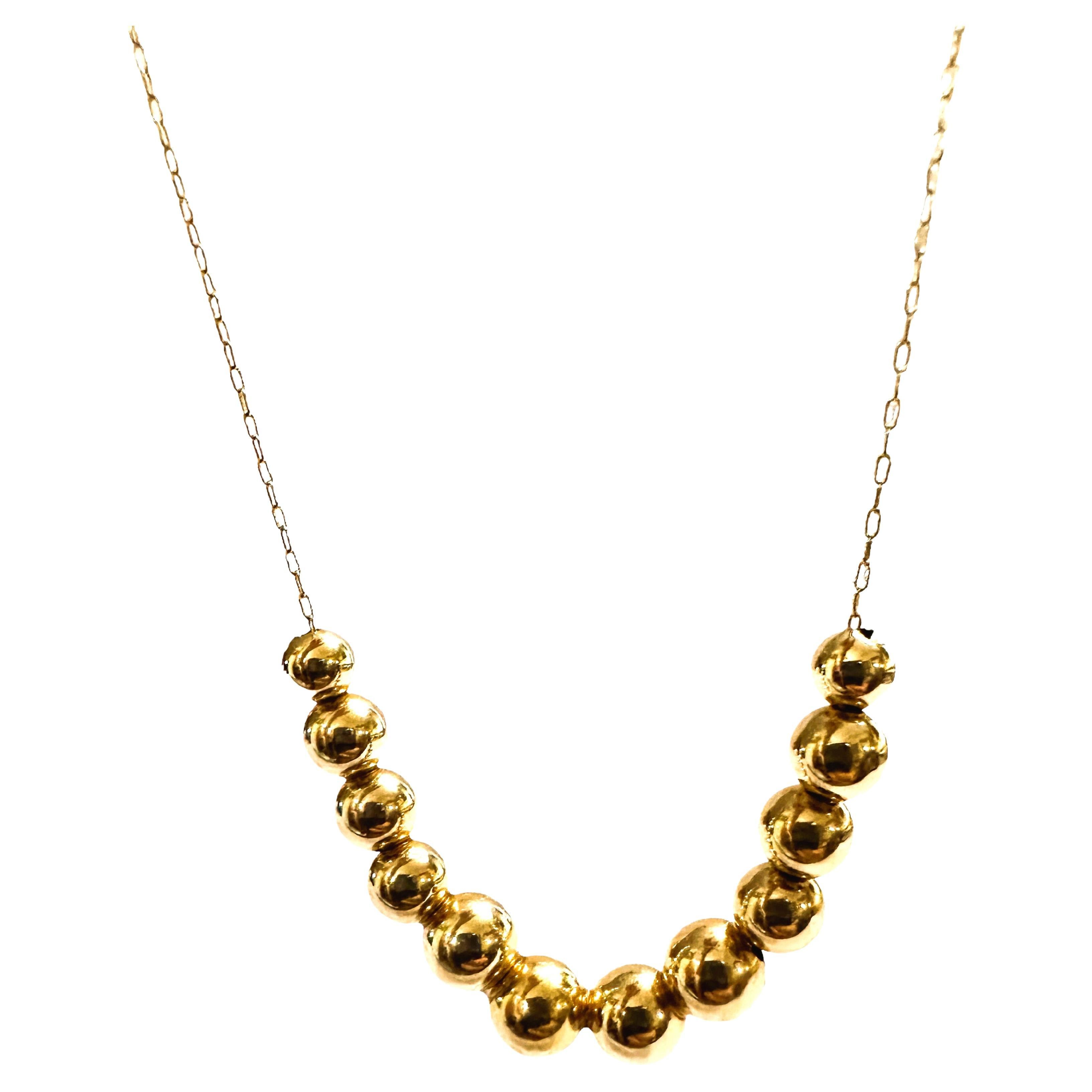 14K Yellow Gold Hollow Graduated Beaded Chain Necklace For Sale