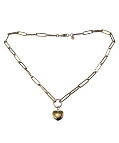 14K Yellow Gold Hollow Paperclip Chain Heart Pendant Necklace #24355