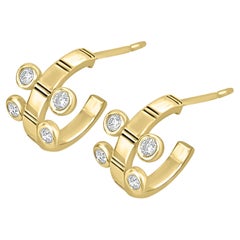 14K Yellow Gold Hoop Diamond Stud Earrings Black Enamel