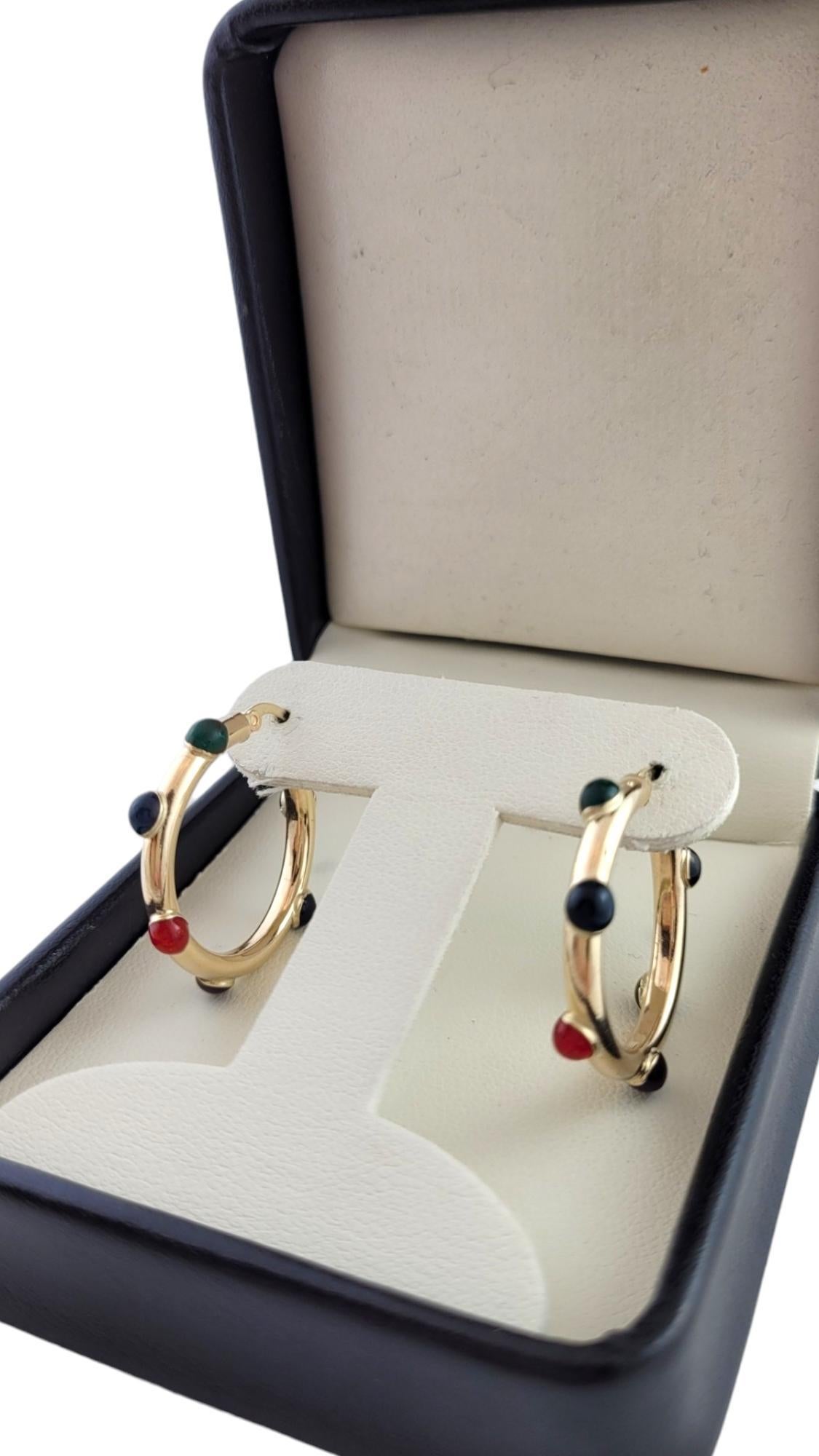14K Yellow Gold Hoop Earrings With Cabochon Accents #15865 For Sale 2
